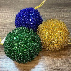 Christmas Sequin Beaded Ornaments Ball Dark Blue Green Gold Set of 3  NWT